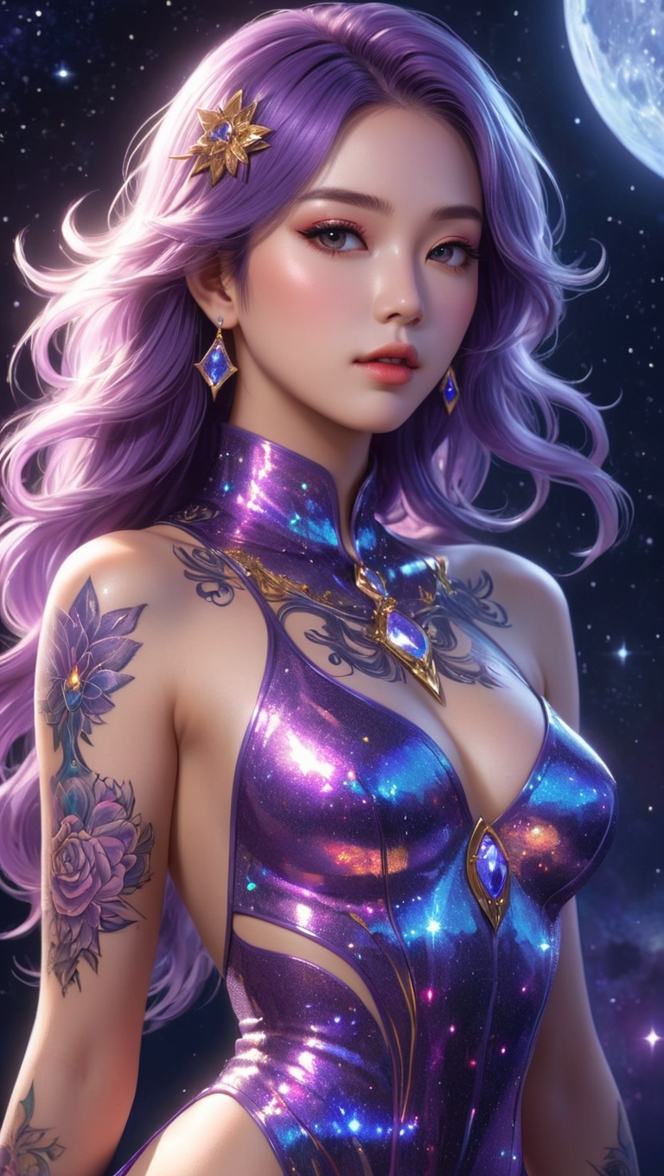 A woman with purple hair styled elegantly, wearing gold jewelry that complements her vibrant look. The image showcases her long hair and fashionable accessories.
