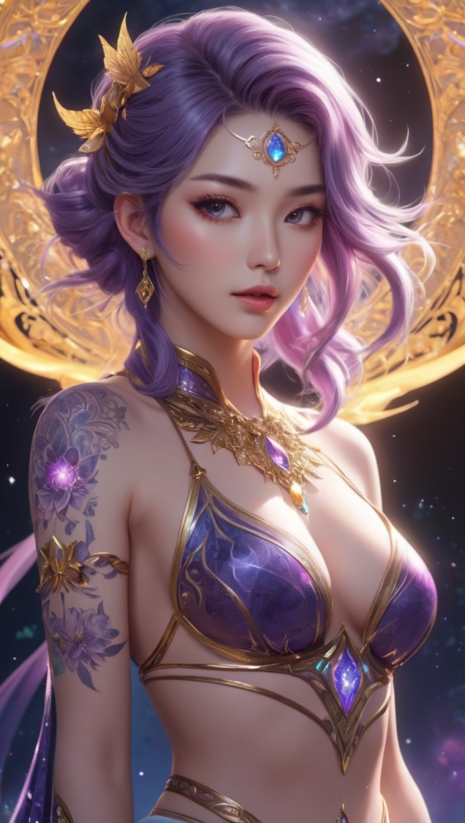 A woman with purple hair and gold wings, depicted in a cartoon style as a fictional character.