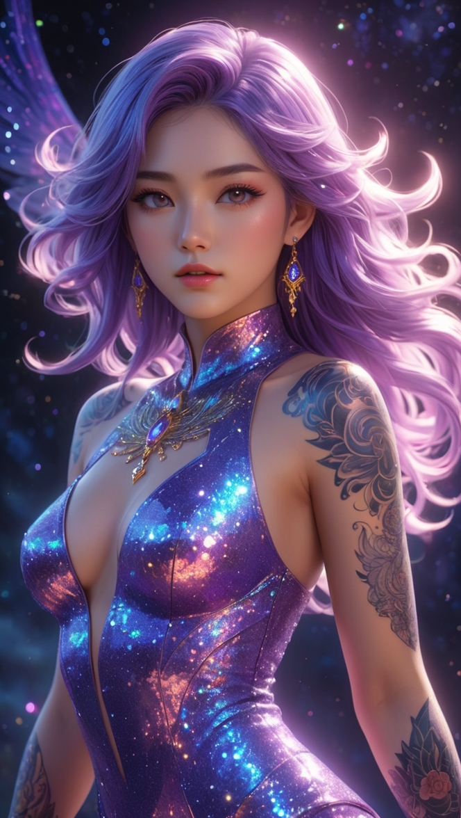 A woman with purple hair and gold wings, depicted in a cartoon style as a fictional character.