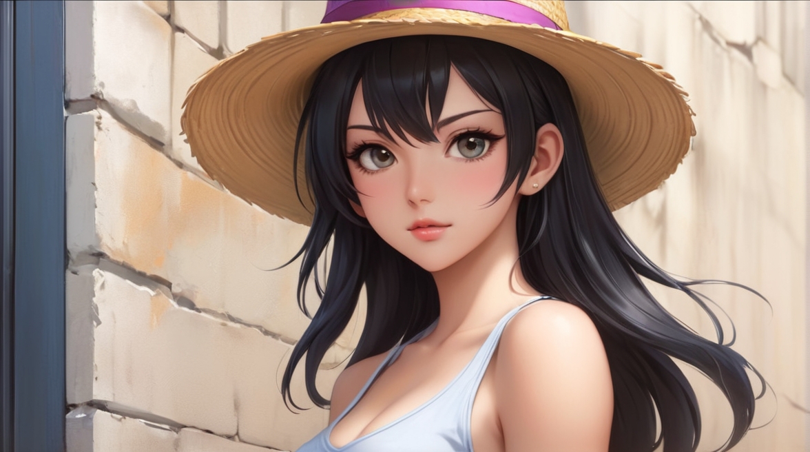 A woman with long hair wearing a sun hat, posing for a photo shoot.