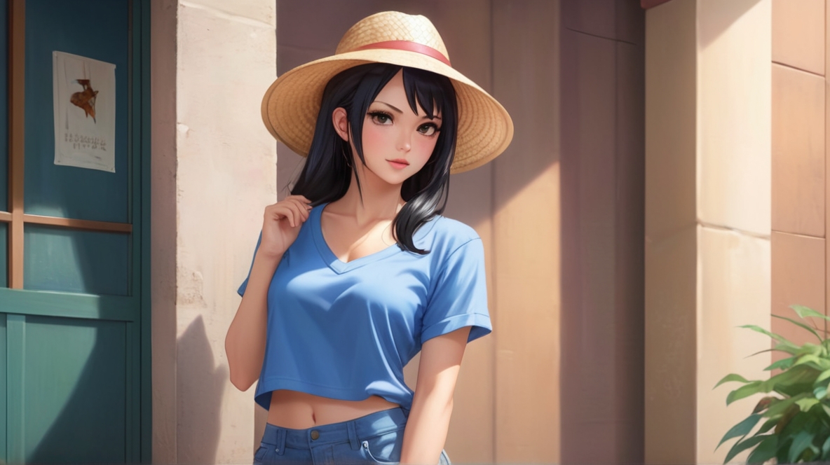 A woman with long hair wearing a sun hat, posing for a photo shoot.