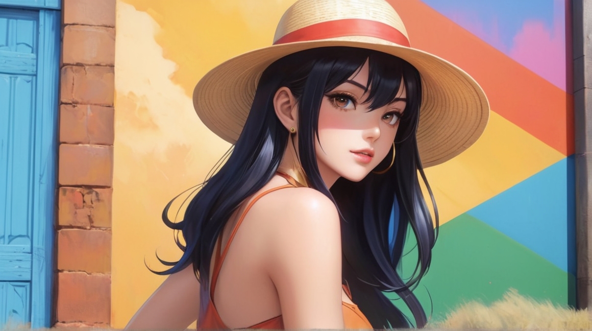 A woman with long hair wearing a sun hat, posing for a photo shoot.