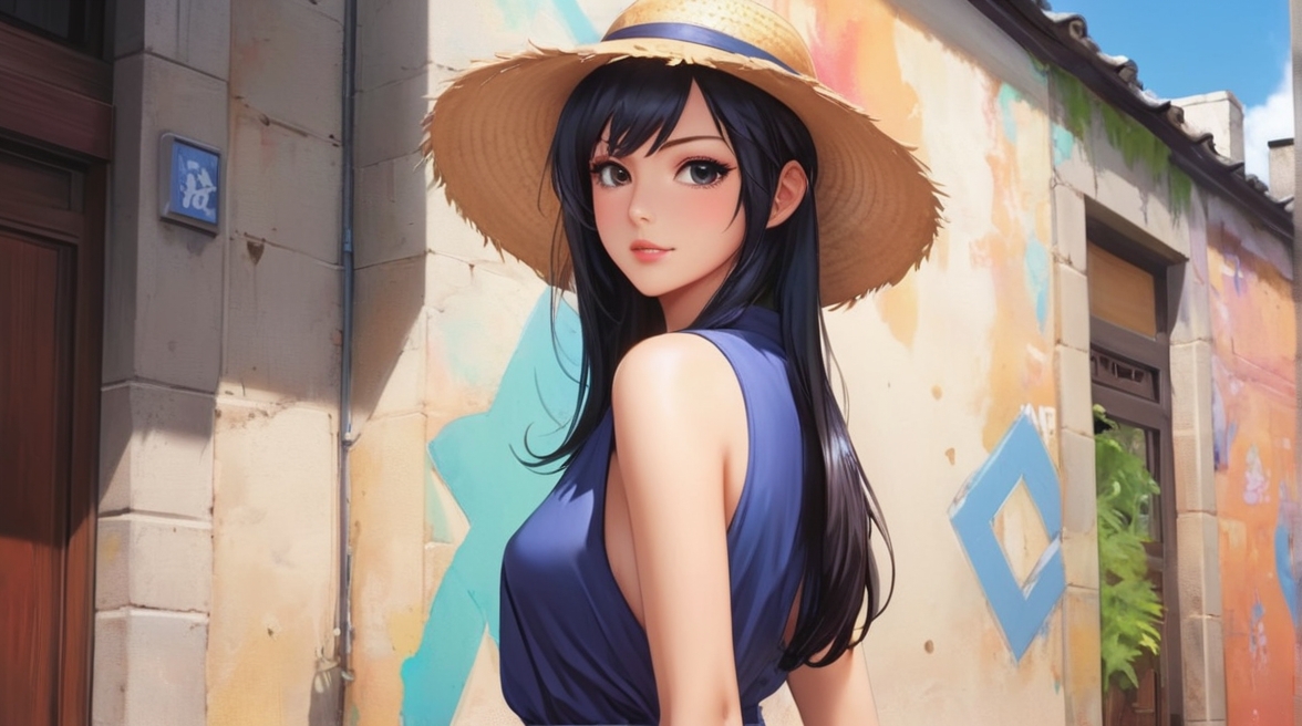 A woman with long hair wearing a sun hat, posing for a photo shoot.