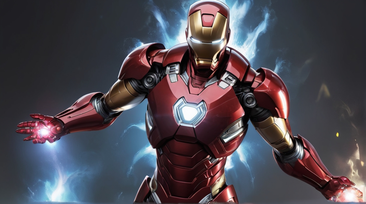 Iron Man Upgraded Suit , fictional superhero character, stands in an action pose, armor,adventure, action figures and superhero games.