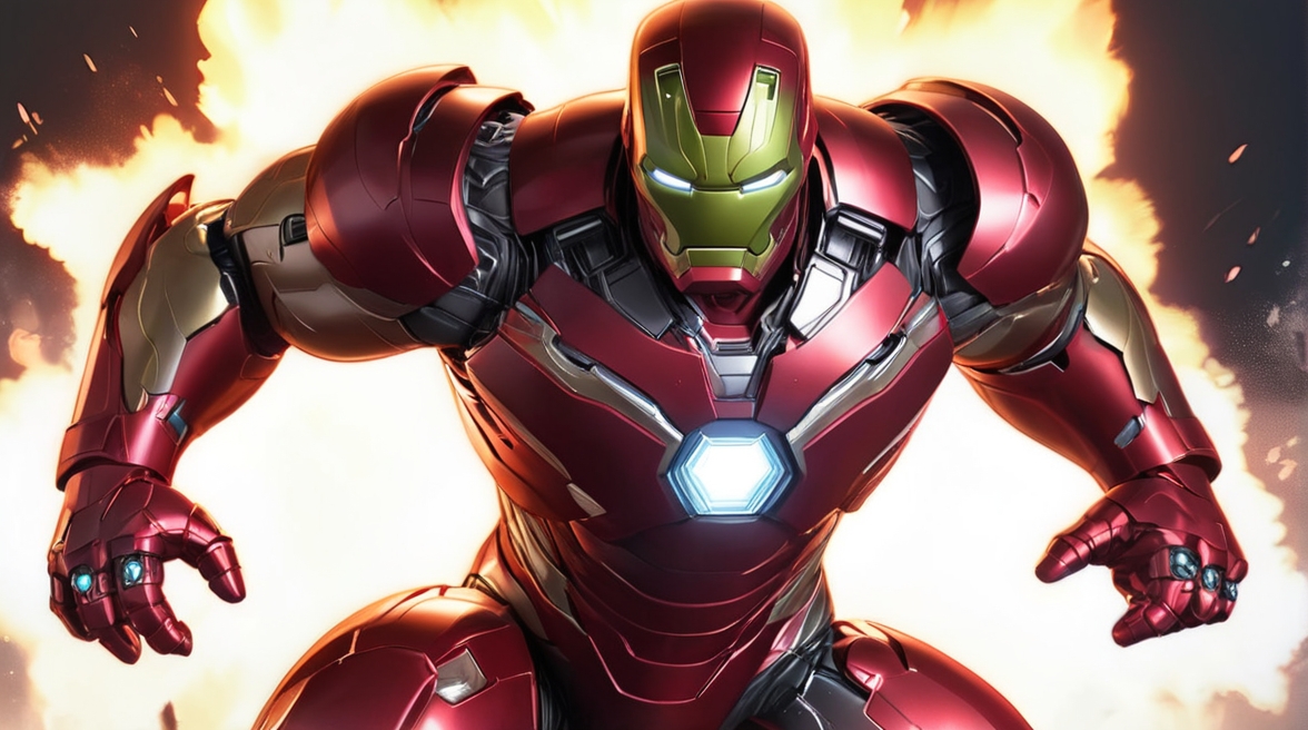 Iron Man Upgraded Suit , fictional superhero character, stands in an action pose, armor,adventure, action figures and superhero games.