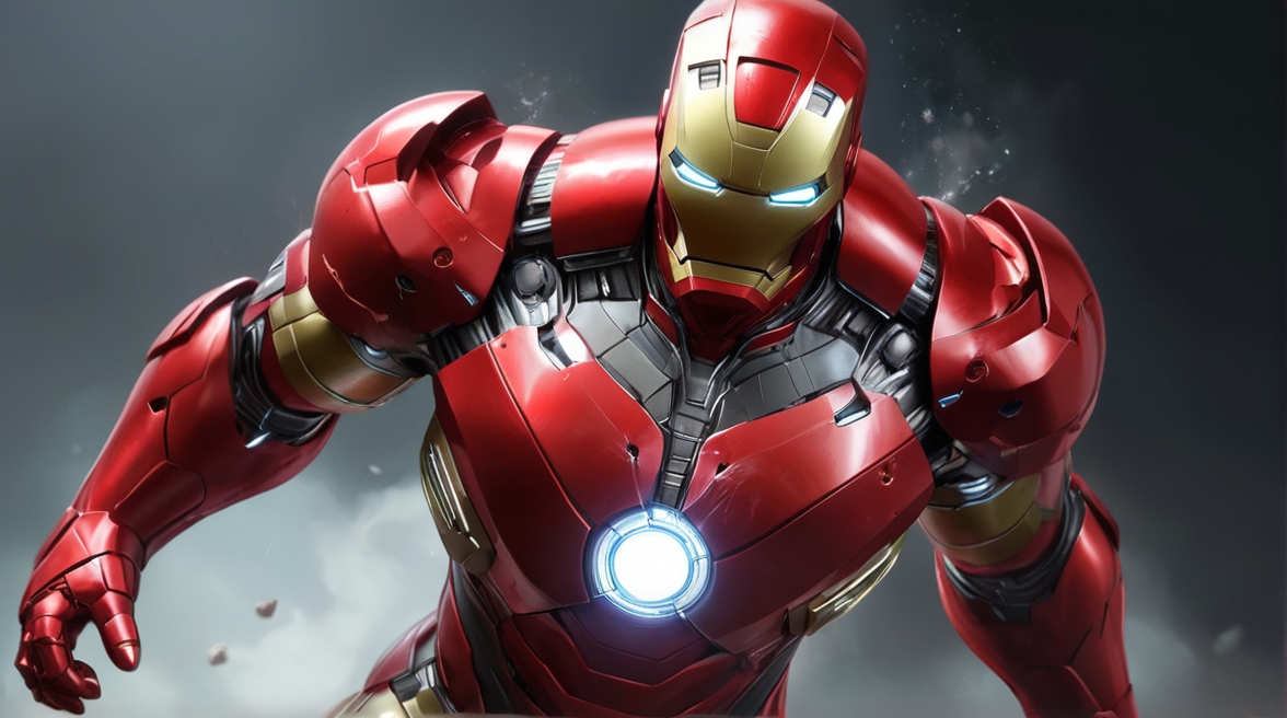 Iron Man Upgraded Suit , fictional superhero character, stands in an action pose, armor,adventure, action figures and superhero games.