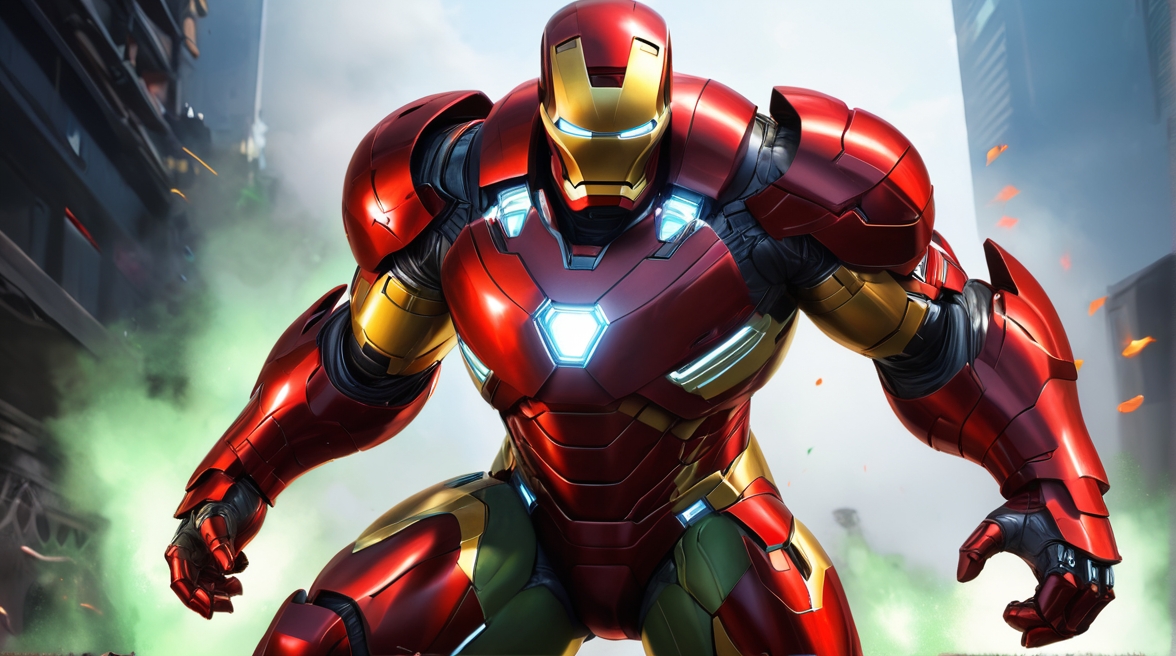 Iron Man Upgraded Suit , fictional superhero character, stands in an action pose, armor,adventure, action figures and superhero games.