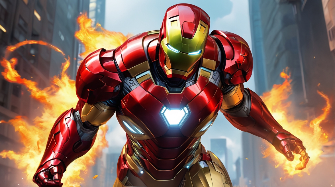 Iron Man Upgraded Suit , fictional superhero character, stands in an action pose, armor,adventure, action figures and superhero games.