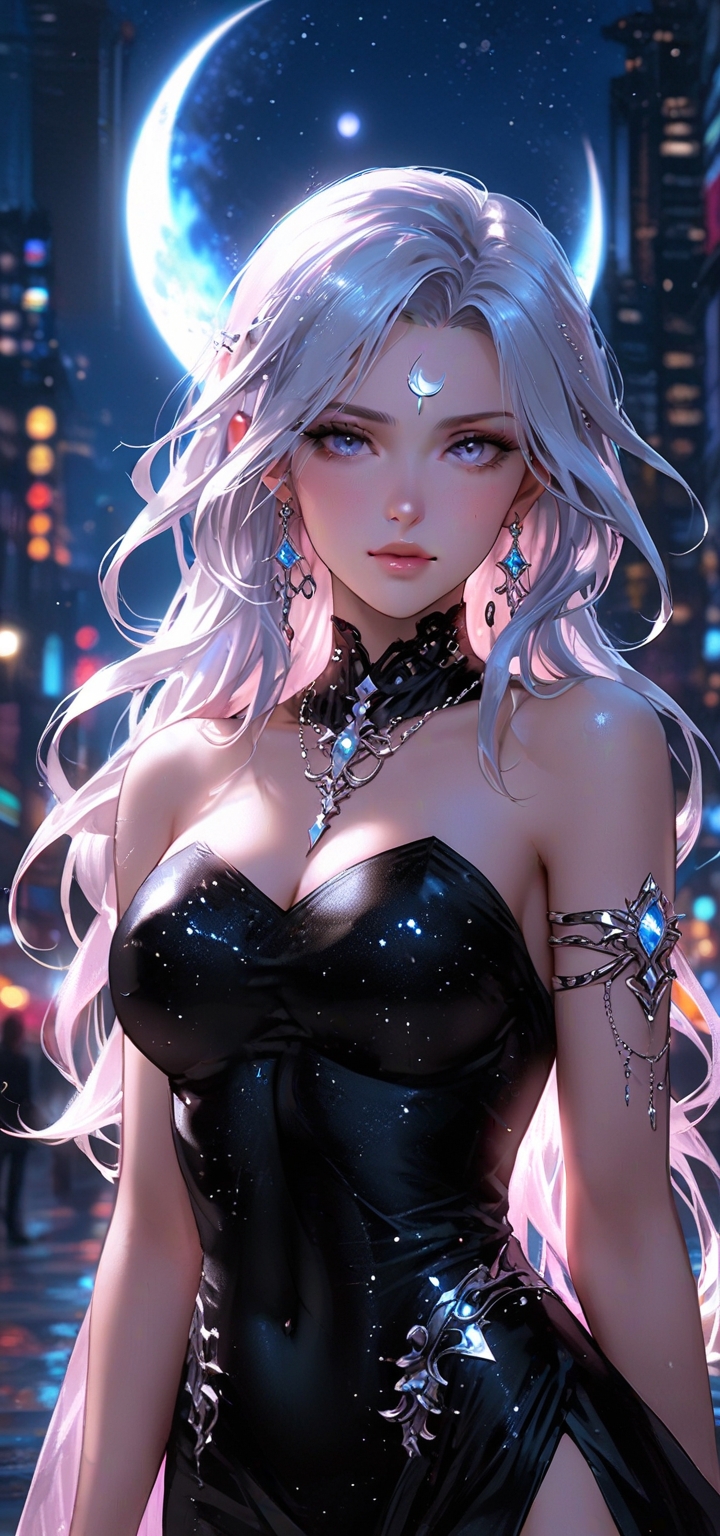 Anime-style illustration of a mystical silver-haired moon goddess standing in a neon-lit futuristic city at night, wearing a glossy black dress with celestial patterns. She has glowing violet eyes, a crescent-moon forehead ornament, intricate silver jewelry with blue gemstones, and flowing white hair illuminated by a large crescent moon in the sky. The scene features cyberpunk lighting, reflective wet streets, and a magical, ethereal fantasy atmosphere.
